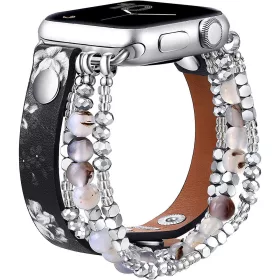   Apple Watch gyöngyös bőróraszíj-fekete-virágmintás /44/45/46 és 49 mm