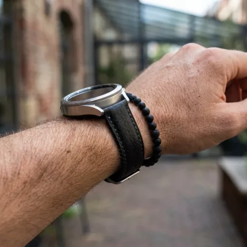MYBANDZ Karbonszálas bőróraszíj / fekete / narancs varrás / 20mm