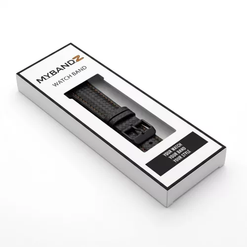 MYBANDZ Karbonszálas bőróraszíj / fekete / narancs varrás / 20mm