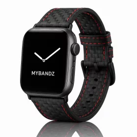   Apple Watch karbonszálas bőróraszíj / fekete-piros varrás 44/45/46/49 mm