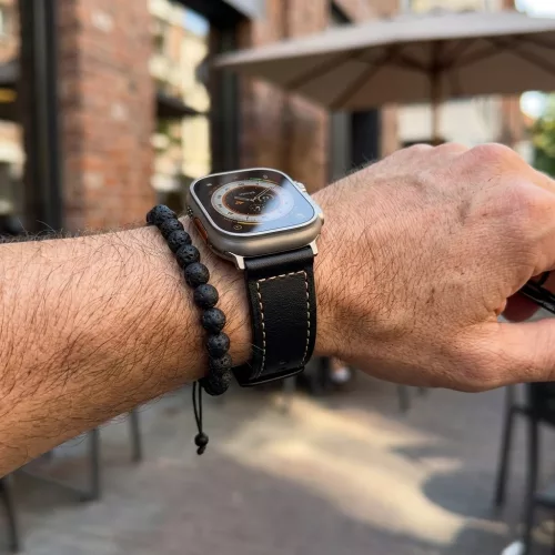 Apple Watch kívül bőr belül szilikon óraszíj /fekete/ 44/45/46/49 mm