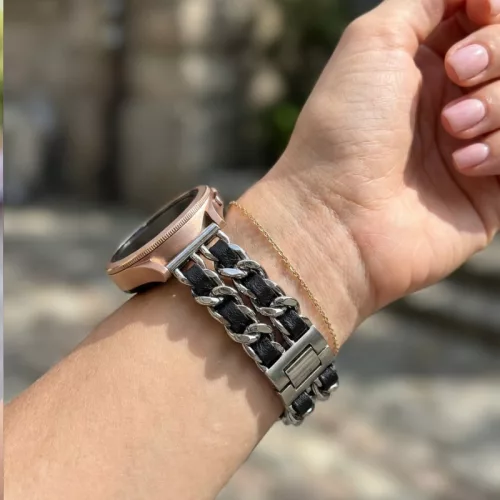 Mybandz  fém és bőr karkötő óraszíj /ezüst-fekete/ 20 mm