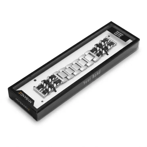 Mybandz  fém és bőr karkötő óraszíj /ezüst-fekete/ 20 mm